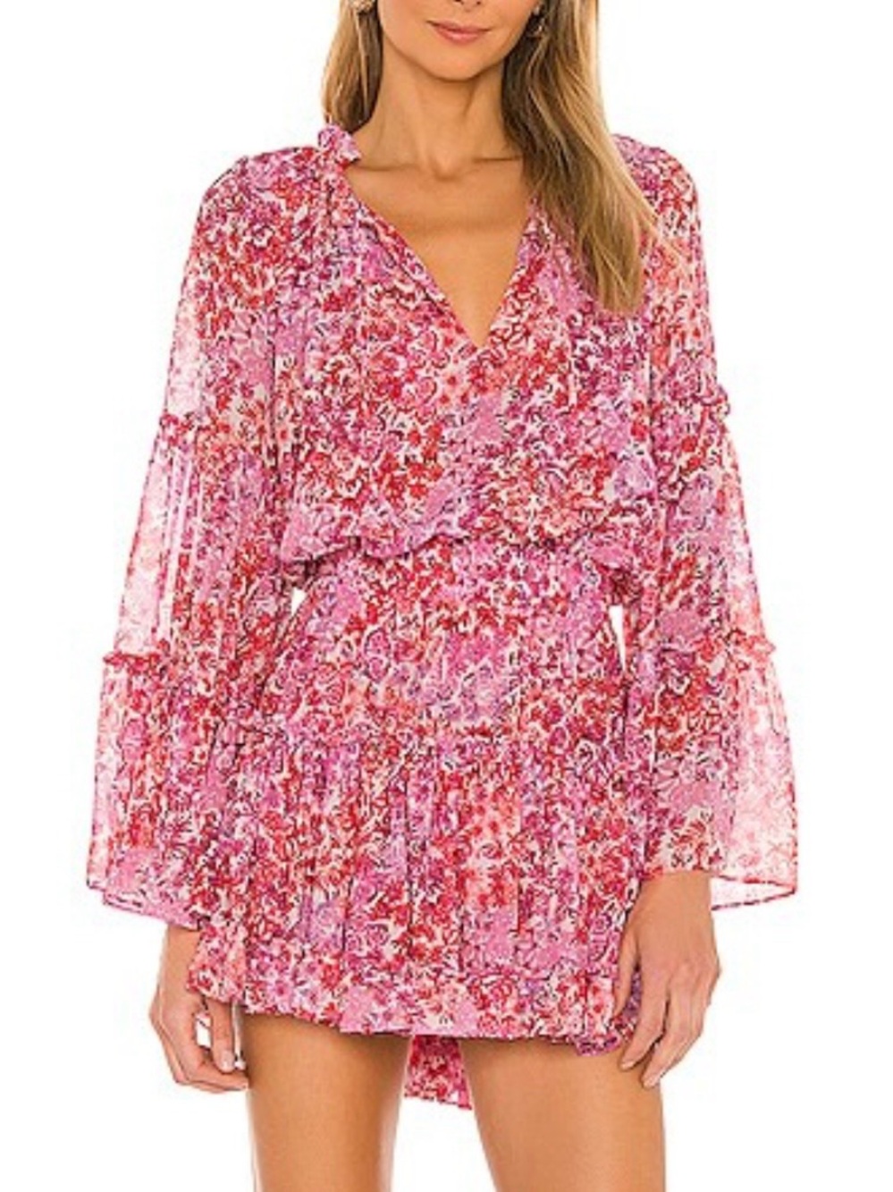 MISA Los Angeles Leeva Del Rio Floral Mini Dress Pink Red Womens Size M